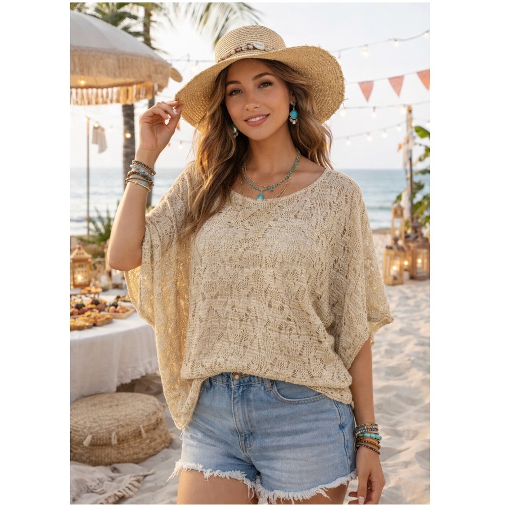 Marisa Christina Open Knit Lace Sheer Beige Metallic Dolman Sweater Top 3x Boho